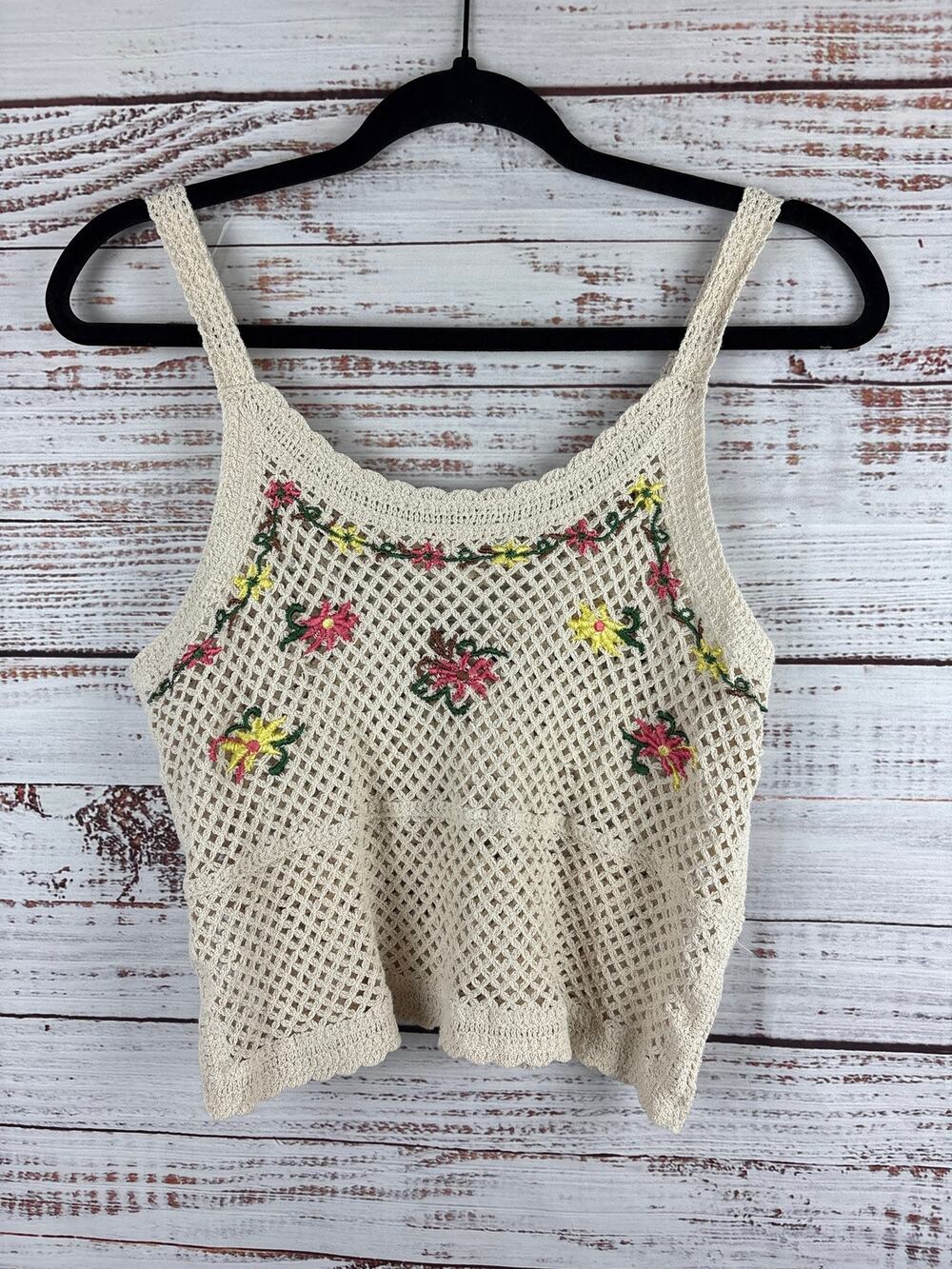 Rebellion Again Cream Crochet Mesh Floral Embroidered Crop Tank Top Womens Sz L